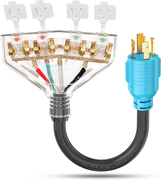 4 Prong 30 Amp to 15 Amp Generator Distribution Adapter, NEMA L14-30P Male to 4X 5-15R/5-20R T-Blade Female with Dust Protection Caps, 10 Gauge 125/250V 7500W