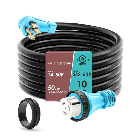 UL Listed 50 Amp RV/Generator Cord with Locking Connector, Heavy Duty 6/3+8/1 Gauge STW Wire, 14-50P Male and SS2-50R Twist Locking Female for RV Camper and Generator to House