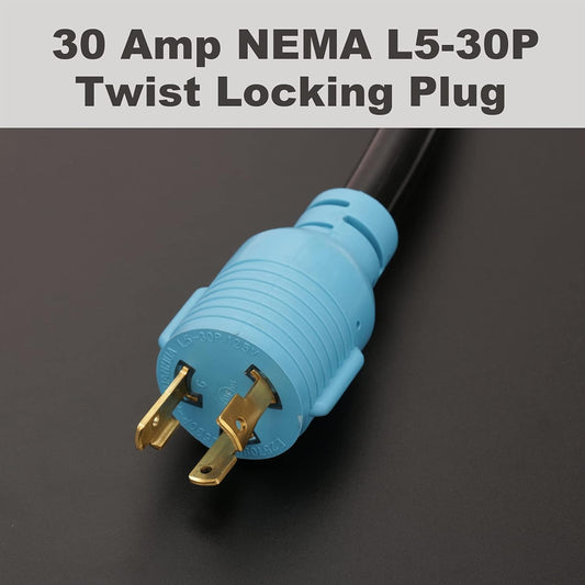 3 Prong Generator Distribution Adapter Cord, NEMA L5-30P Male to 3X 5-15R/5-20R T-Blade Household Outlet Female with Power Indicator, STW 10 Gauge 125V 3750W Blue