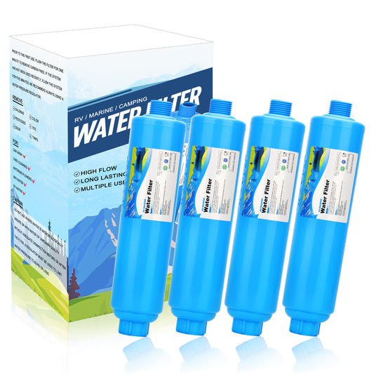 RV Inline Water Filter, NSF Certified, 20 Microns Camper Water Filter, Reduces Bad Taste, Odors, Chlorine, Sands, Ideal for RV, Garden, Pets and Marine, 4 Pack