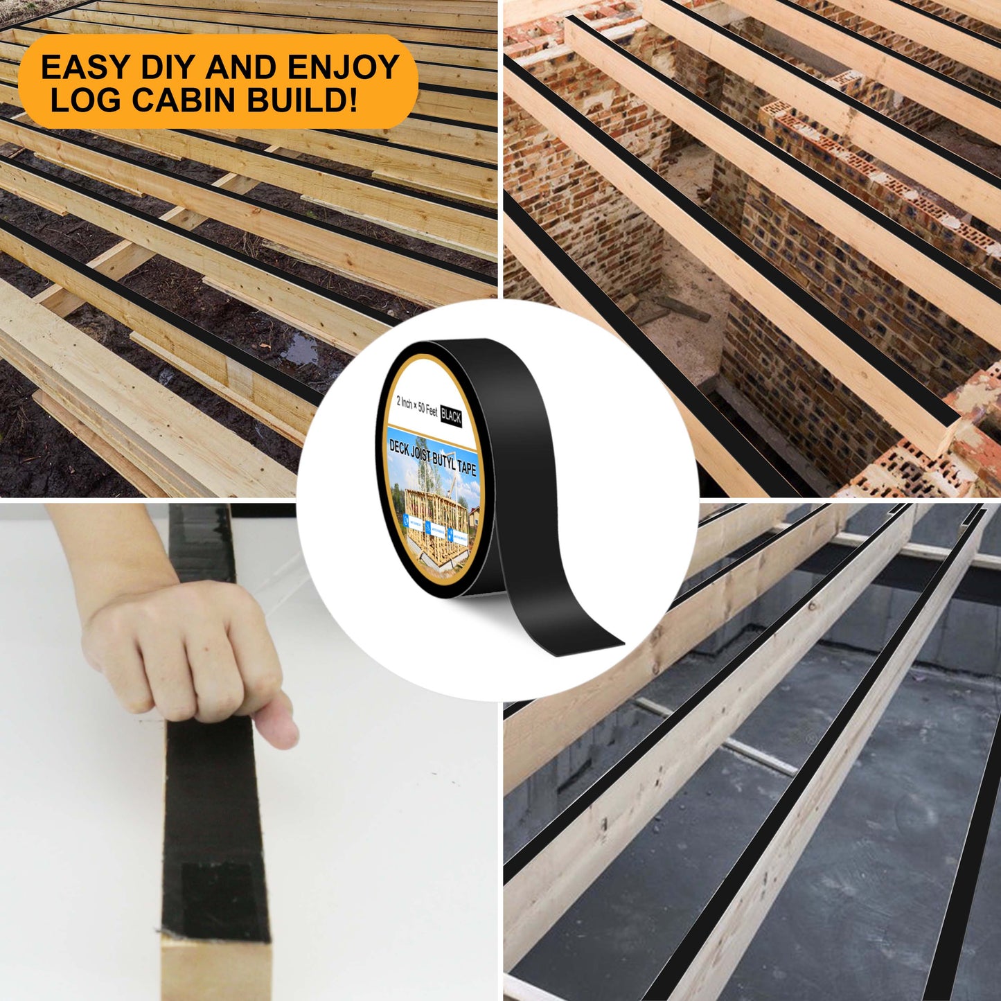 Joist Tape for Decking 2'' X 50', 8 Rolls Weatherproof Butyl Tape for Wood Decks Beams Roof, Flashing Tape Anti-Corrosion Weather Resistant Black Deck Joist Tape Outdoor Patio Repair
