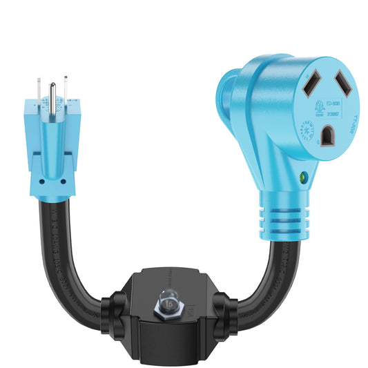 Overload Protector 30 Amp to 110V RV Adapter Cord with Circuit Breaker NEMA 5-15P to TT-30R Power Adapter with LED Power Indicator, 10 Gauge Heavy Duty Dogbone Cable, ETL Listed