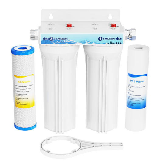 External RV Dual Water Filter System Two Filters and Mounting Bracket Included Premium Filtration & Bulit to Last, Reduce Sediment, Odor, Taste, Chlorine Ideal for RV, Marine, Motor Home