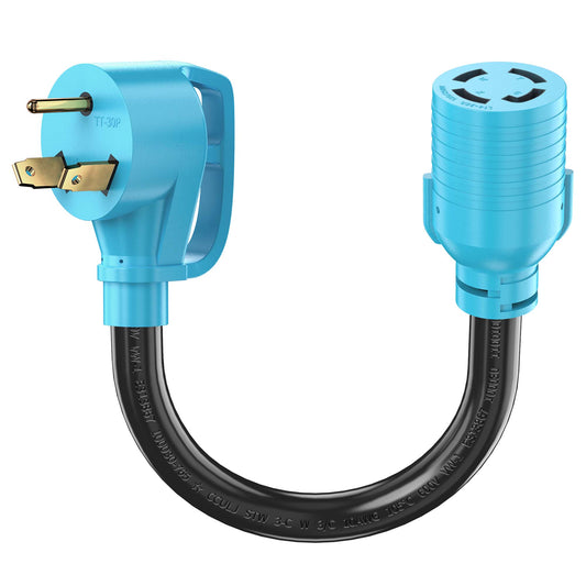 NEMA TT-30P to L14-30R Adapter Cord, 30 Amp 3 Prong to 4 Prong Generator Plug Adapter, Generator Transfer Switch Adapter, Generator to House Inlet Box, STW 10 AWG Blue, ETL Listed
