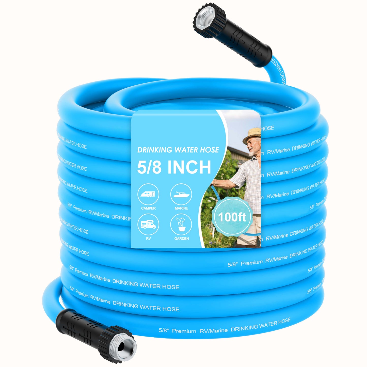 RV Water Hose, 5/8" Premium RV Drinking Water Hose for RV, Camping, Marine, Trailer and Truck, BPA Free, Anti-Kink and Leak-Free, Drinking Water Safe-Blue