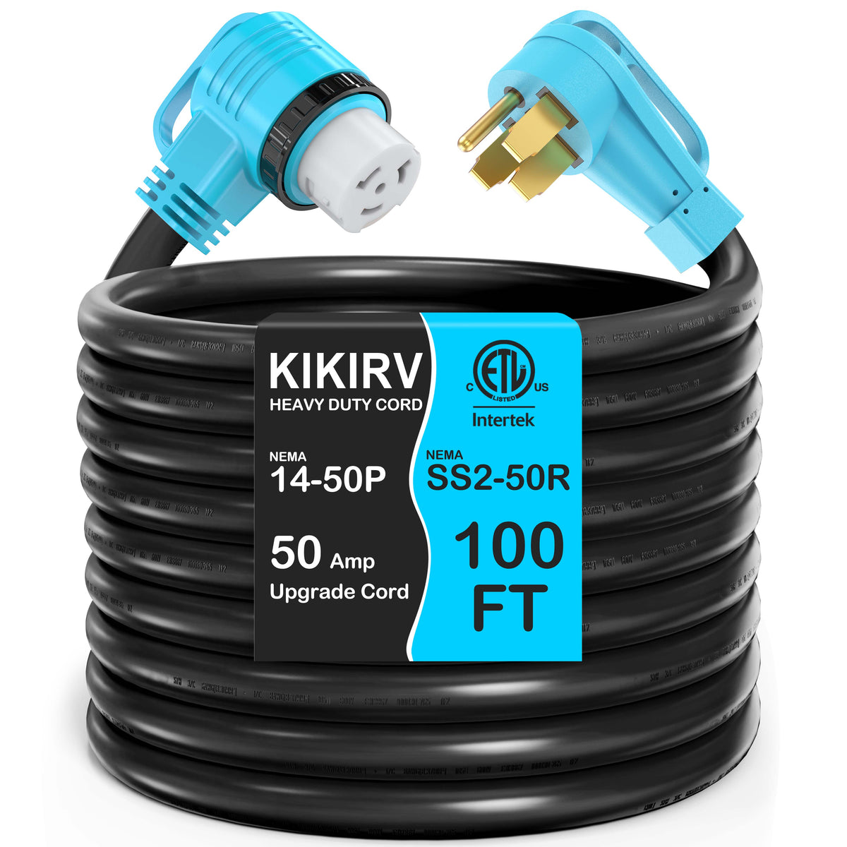50 Amp RV/Generator Cord, 100% Copper Wire Newly Designed 90°Grip Handle, NEMA 14-50P to SS2-50R Twist Lock, 6/3+8/1 Gauge STW Wire, ETL Listed