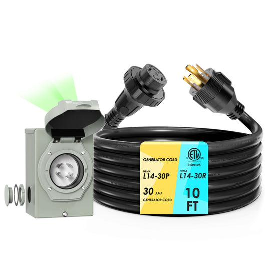 30 Amp Generator Cord and Power Inlet Box Combo Kit, NEMA L14-30P Male to L14-30R 10 Gauge SJTW 125/250V Twist Locking with Inlet Box for Generator to House, ETL Listed