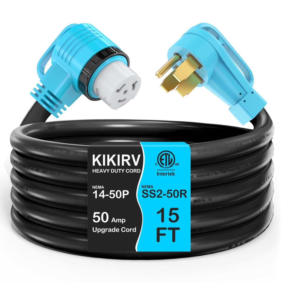 50 Amp RV/Generator Cord, 100% Copper Wire Newly Designed 90°Grip Handle, NEMA 14-50P to SS2-50R Twist Lock, 6/3+8/1 Gauge STW Wire, ETL Listed
