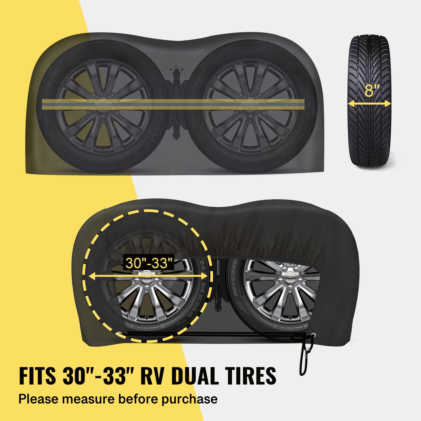 RV Tire Covers, Upgraded Reflective Strip Tire Covers for Trailers, Waterproof Anti-UV Dual Axle Wheel Cover RV Accessories for Trucks Trailers, 2 Pack, Fits 30"-33" Diameter