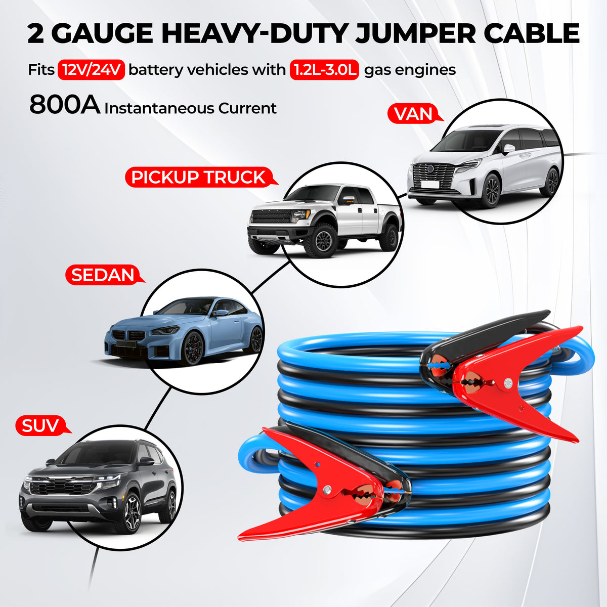 2 Gauge 20 Feet Jumper Cables Heavy Duty for Car 800 Amp Automotive Booster Battery Jumper Cables for SUV and Trucks with Carry Bag, Gloves, Brushes
