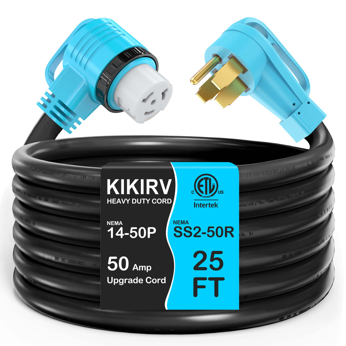 50 Amp RV/Generator Cord, 100% Copper Wire Newly Designed 90°Grip Handle, NEMA 14-50P to SS2-50R Twist Lock, 6/3+8/1 Gauge STW Wire, ETL Listed