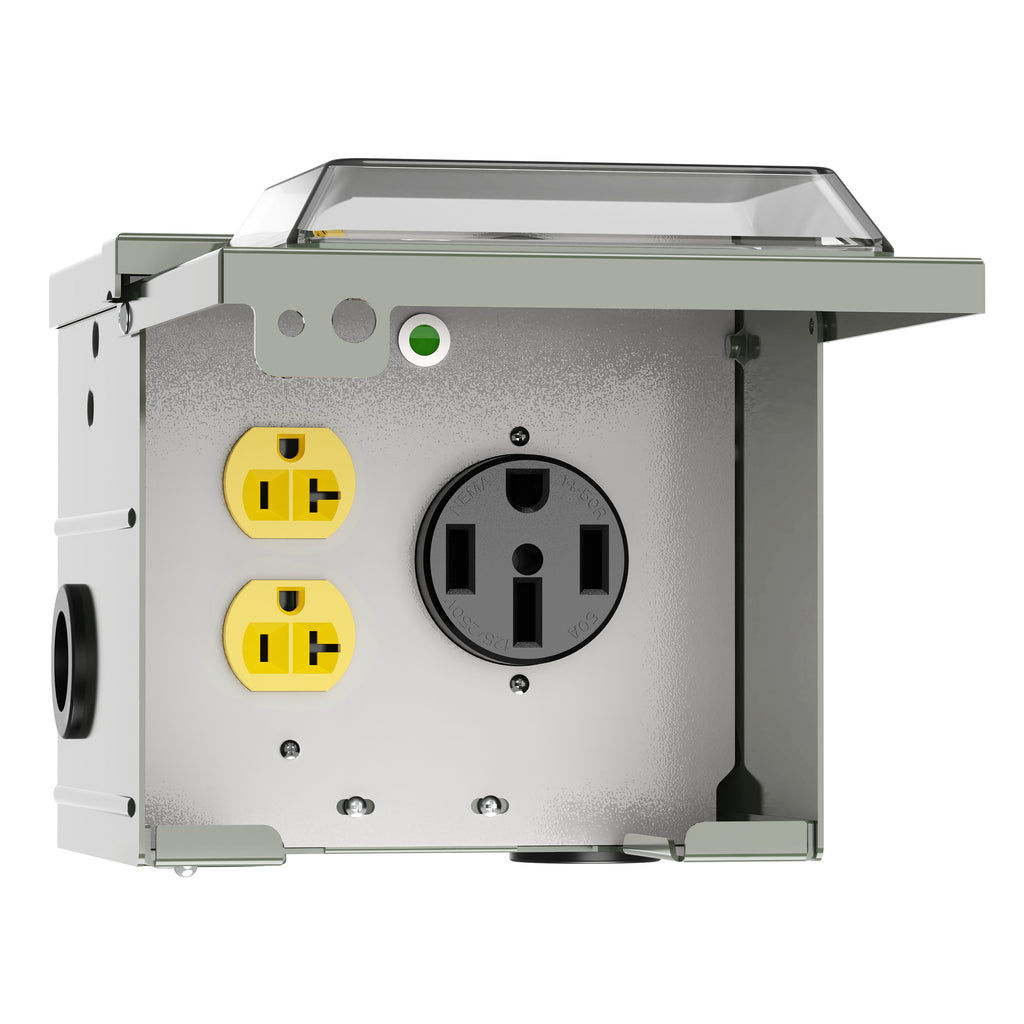 50 Amp 20 Amp 15 Amp RV Power Outlet Box, NEMA 14-50R 125/250 Weatherproof Outdoor Electrical Panel, with Prewired 50 20 Amp Receptacle for RV Camper Travel Trailer Electric Car Generator