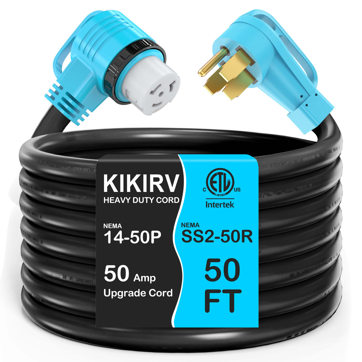50 Amp RV/Generator Cord, 100% Copper Wire Newly Designed 90°Grip Handle, NEMA 14-50P to SS2-50R Twist Lock, 6/3+8/1 Gauge STW Wire, ETL Listed