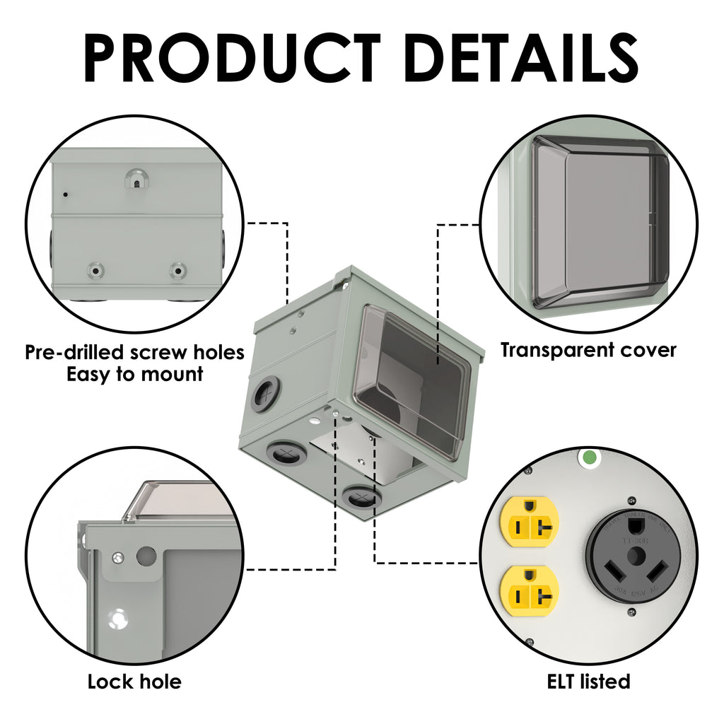 30 Amp 20 Amp 15 Amp RV Power Outlet Box, NEMA TT-30R 125V Weatherproof Outdoor Electrical Panel, with Prewired 30 20 Amp Receptacle for RV Camper Travel Trailer Electric Car Generator