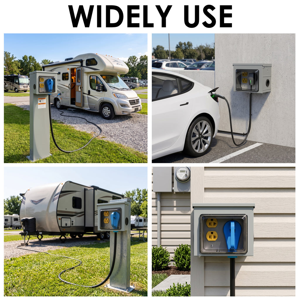 50 Amp 20 Amp 15 Amp RV Power Outlet Box, NEMA 14-50R 125/250 Weatherproof Outdoor Electrical Panel, with Prewired 50 20 Amp Receptacle for RV Camper Travel Trailer Electric Car Generator