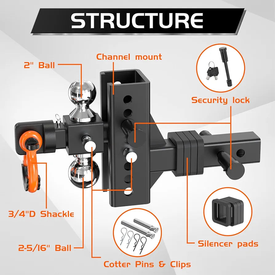 Adjustable Trailer Hitch for 2 inch Receiver, 2'', 2-5/16''